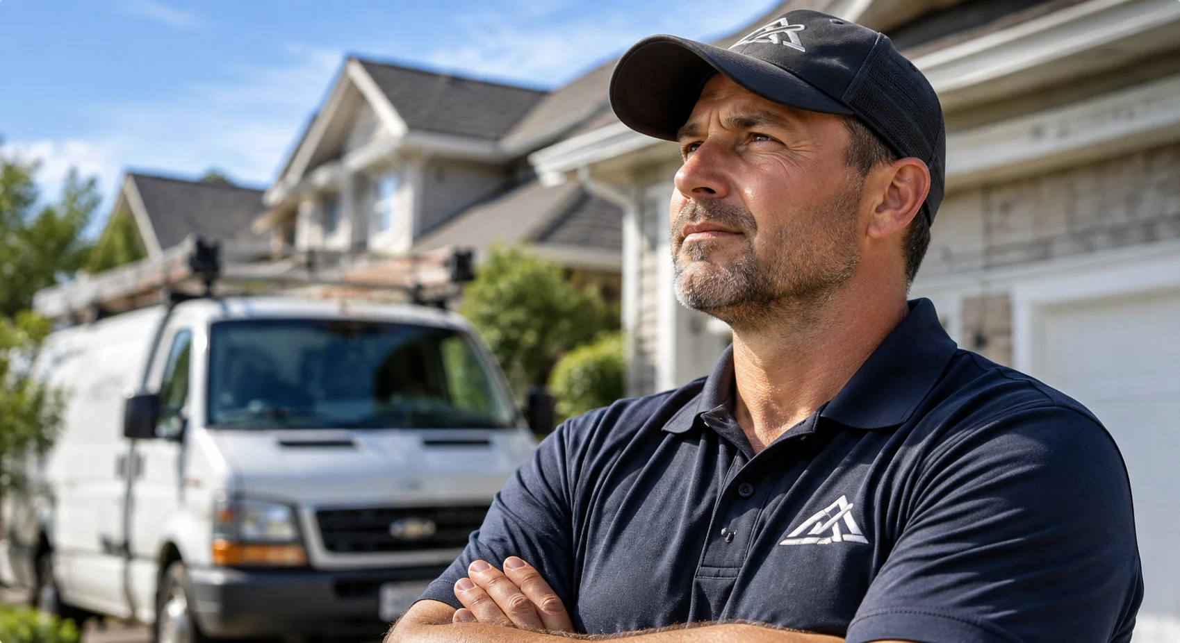 Contractor beside a service vehicle in a residential neighborhood