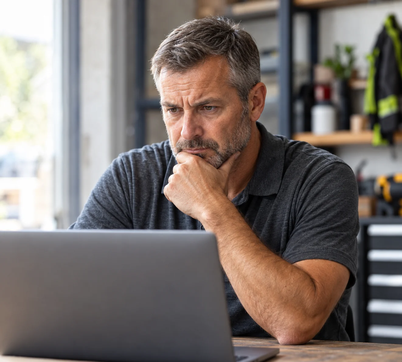 Home-service business owner reviewing information on his laptop
